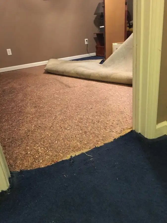 Carpet pad removal revealing water damage during Water Mitigation Services in Ettrick